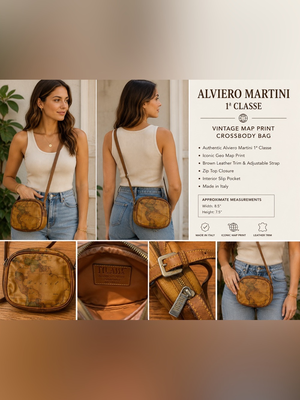 Alviero Martini 1ª Classe Vintage Map Print Crossbody Bag Brown Leather